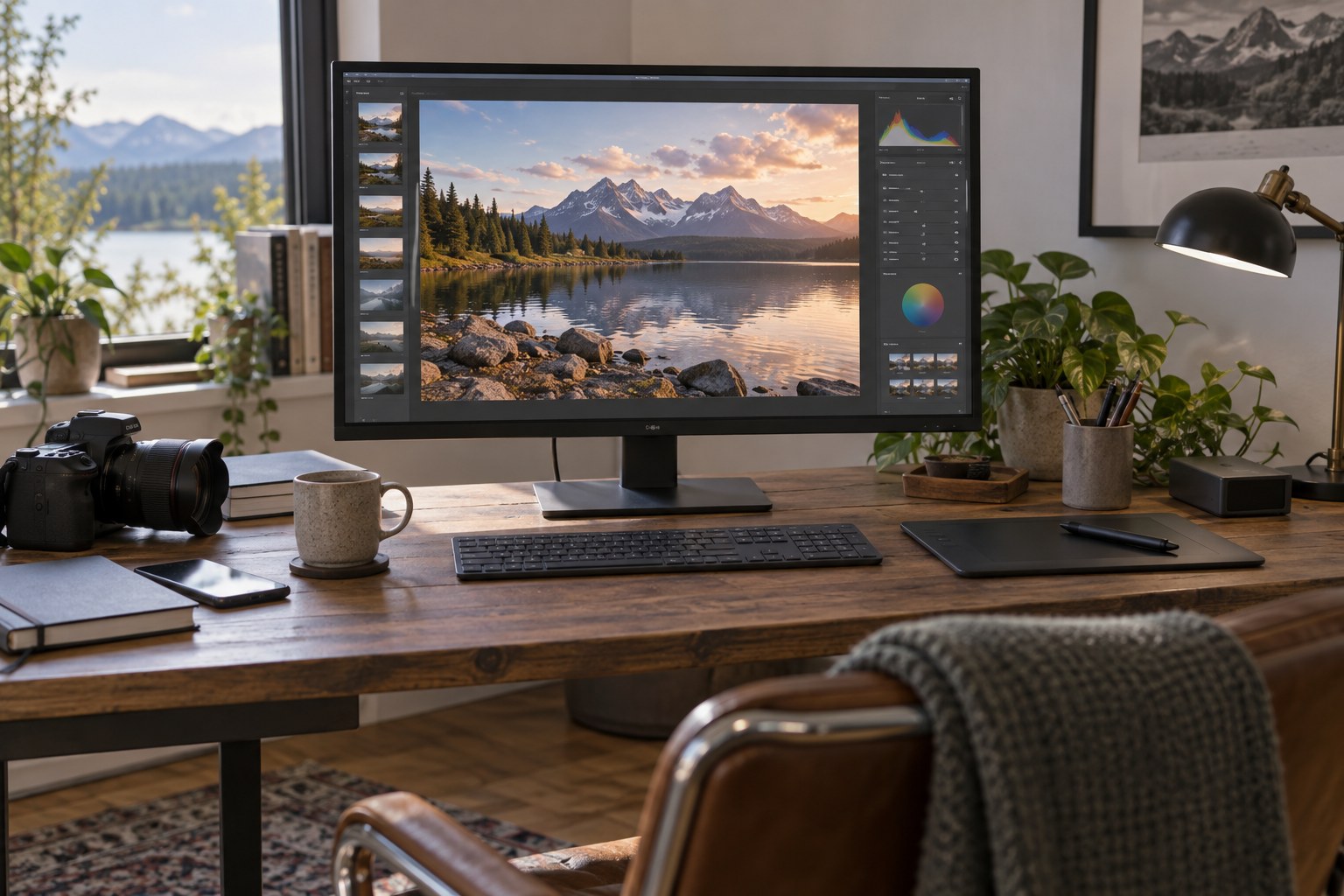 Finished landscape displayed at an editing desk
