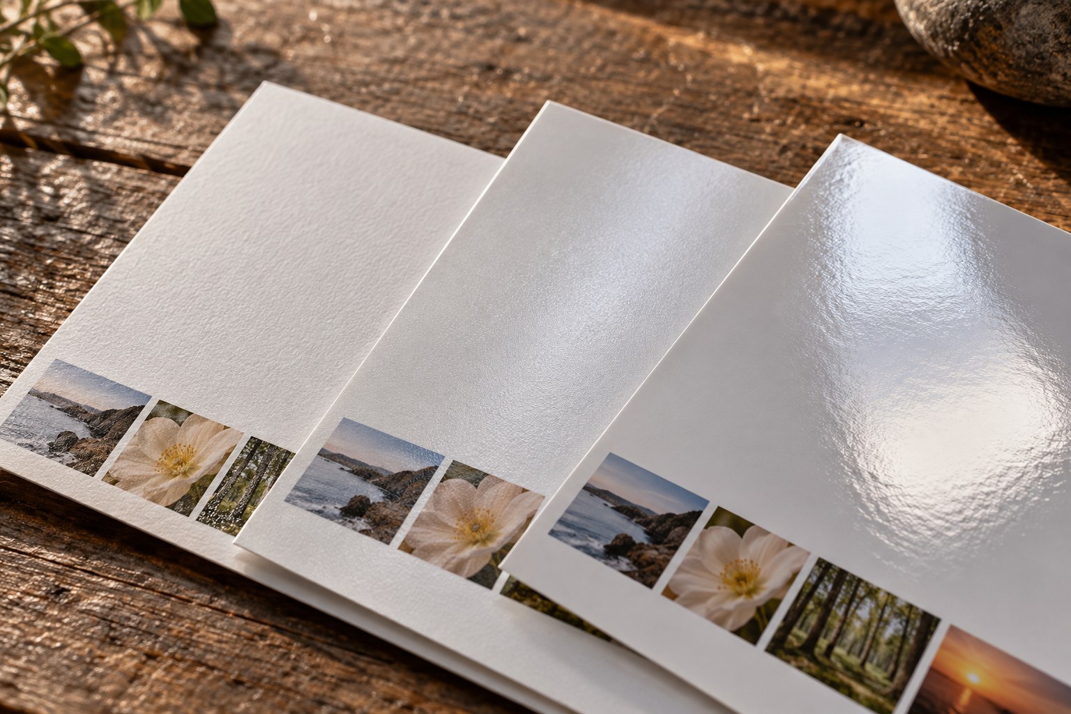 Matte, satin and glossy photographic paper samples