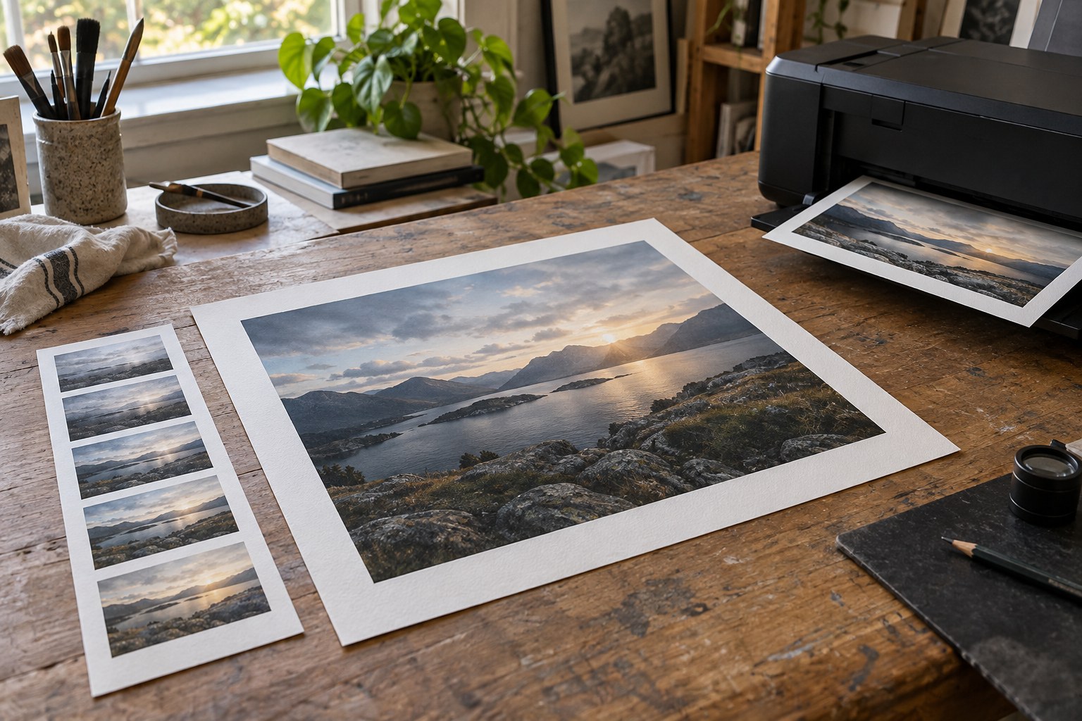 Small tonal test strip beside a larger print