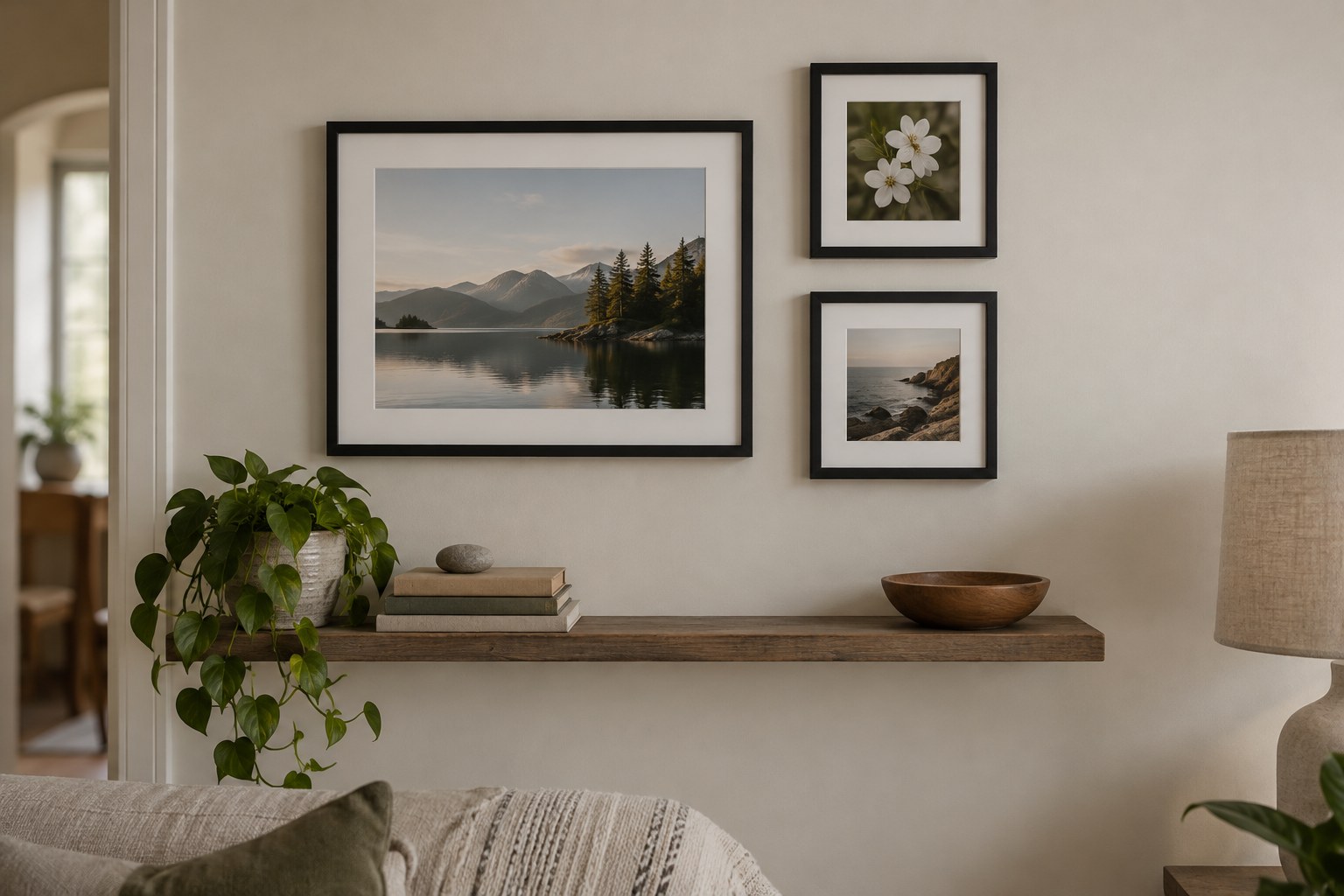 Three framed photographs in a small wall arrangement