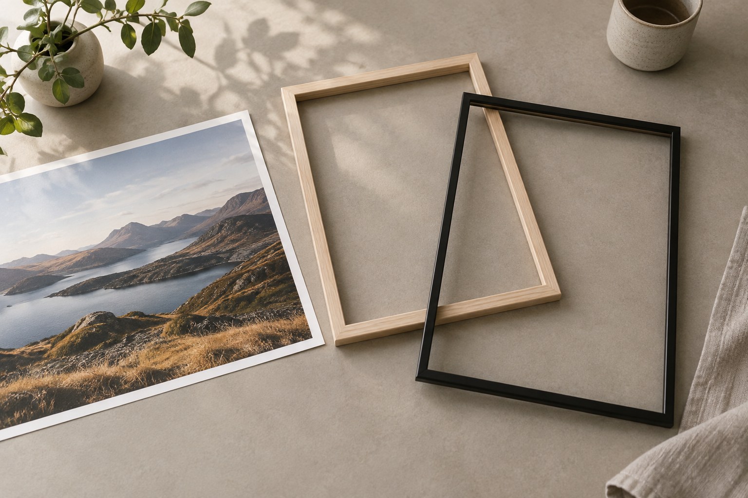 Photographic print beside pale wood and black frames