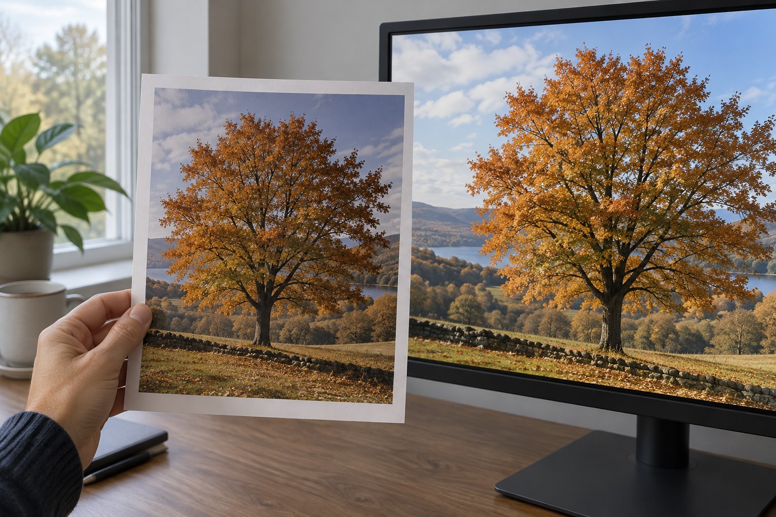 Autumn tree print compared with a monitor image